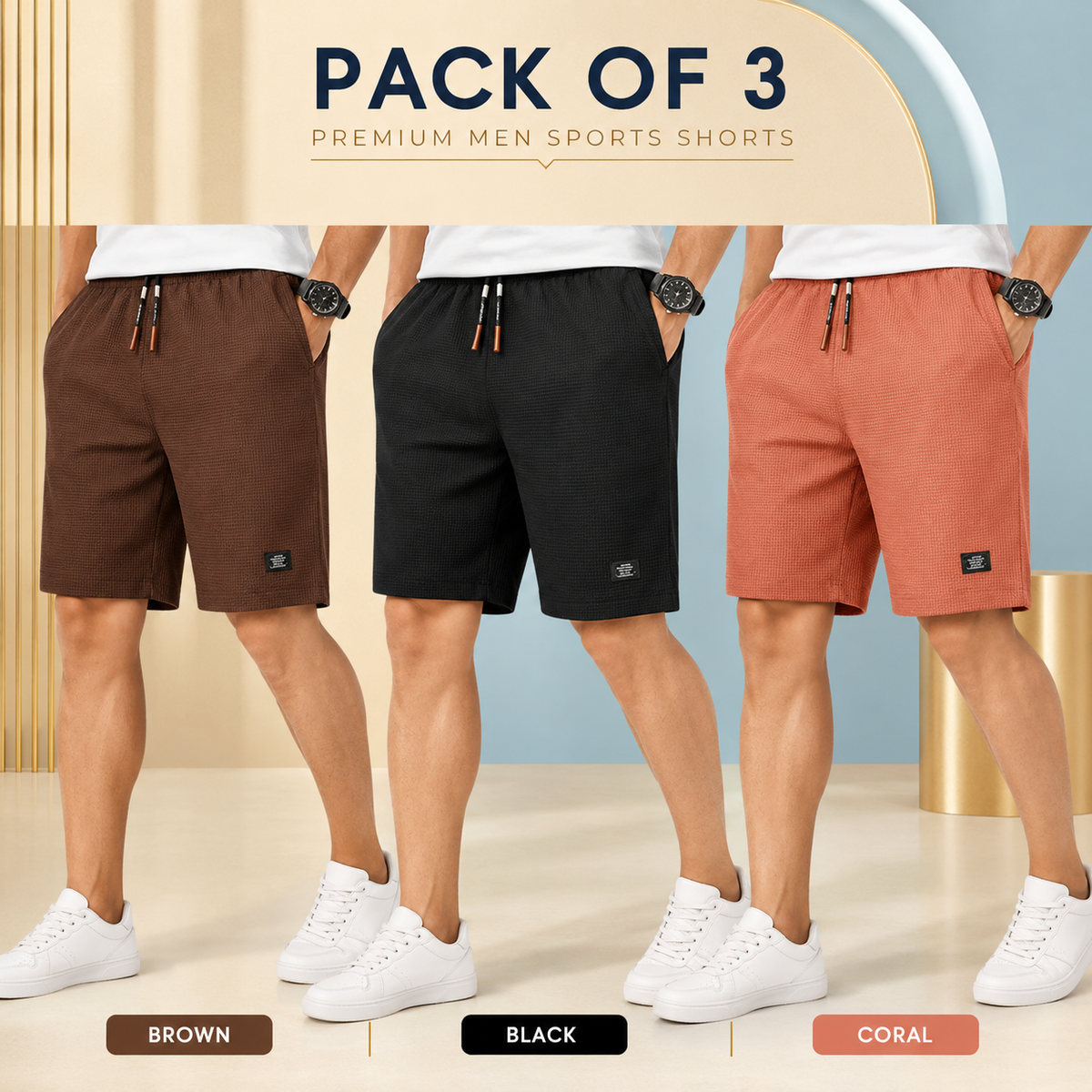 Men’s Textured Active Shorts – Pack of 3 | Sports, Gym, Daily &amp; Casual Wear