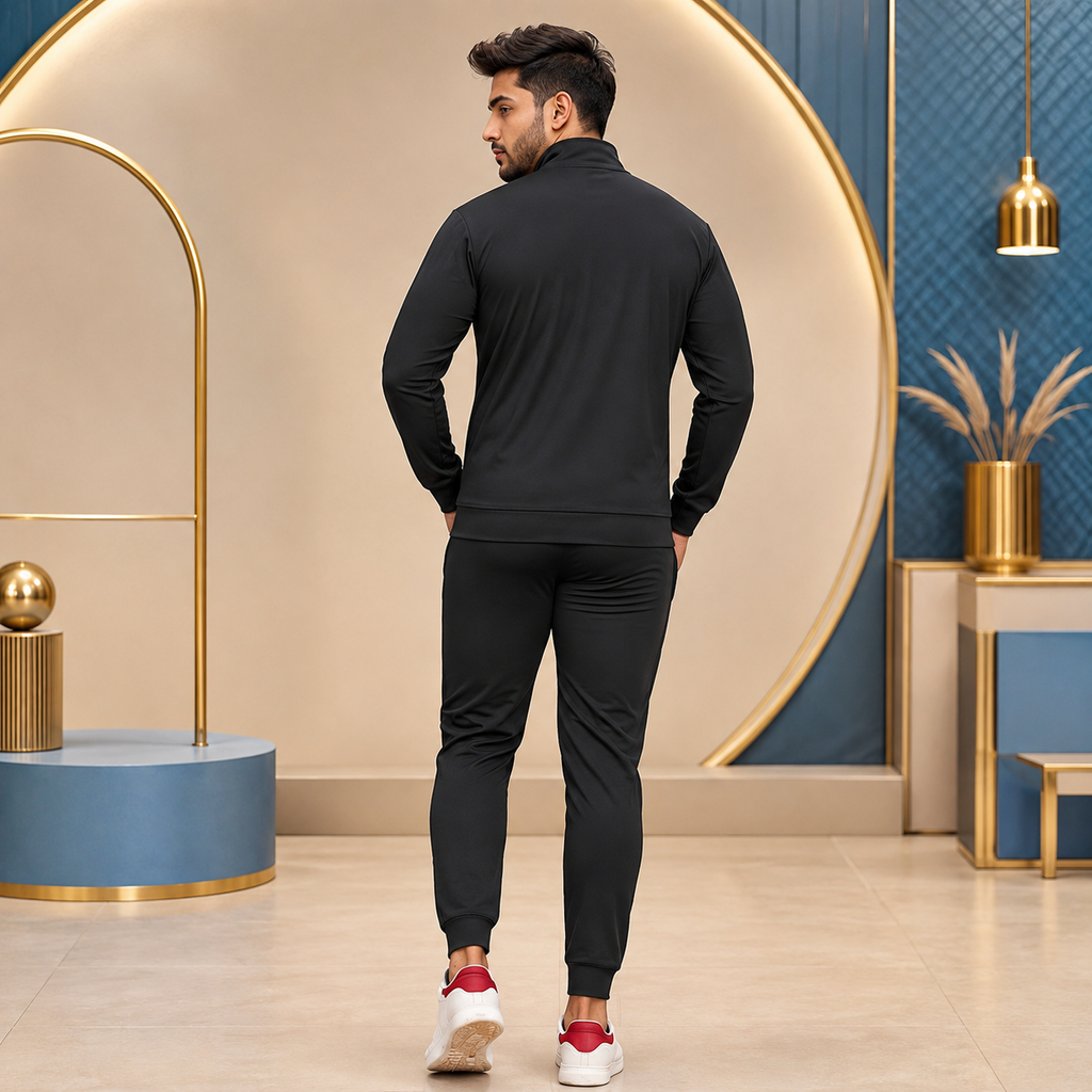 طقم رياضي رجالي أسود من N7WEAR | جاكيت بأكمام كاملة وبنطلون رياضي | للصالات الرياضية والجري والاستخدام اليومي