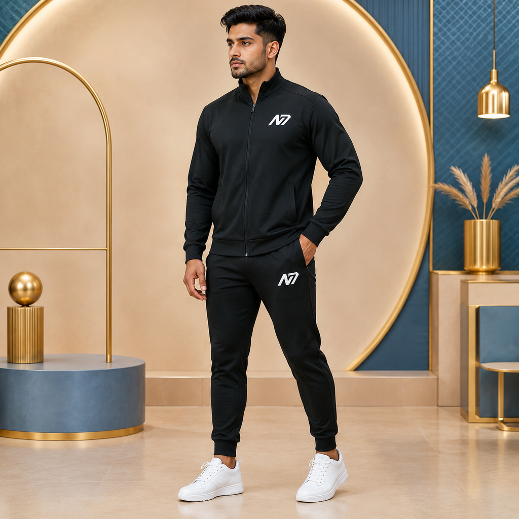 طقم رياضي رجالي أسود من N7WEAR | جاكيت بأكمام كاملة وبنطلون رياضي | للصالات الرياضية والجري والاستخدام اليومي