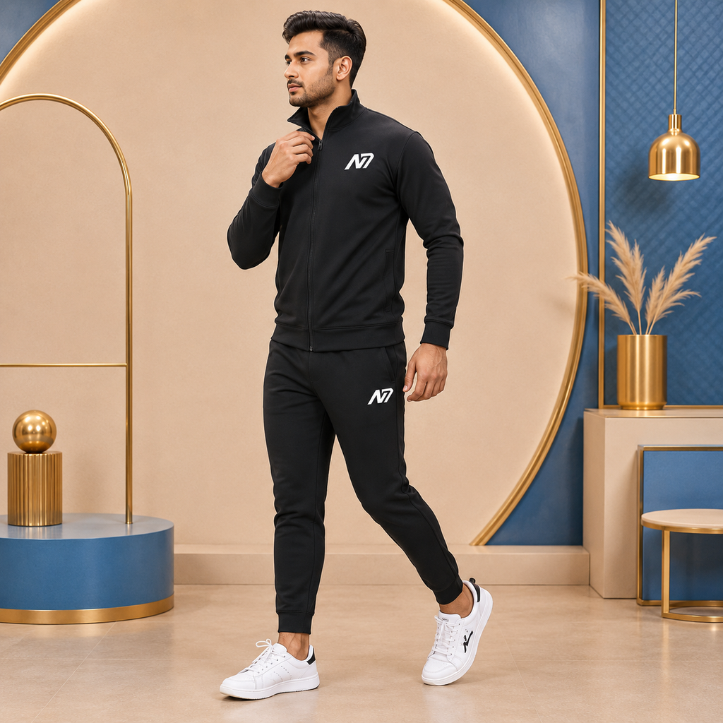 طقم رياضي رجالي أسود من N7WEAR | جاكيت بأكمام كاملة وبنطلون رياضي | للصالات الرياضية والجري والاستخدام اليومي