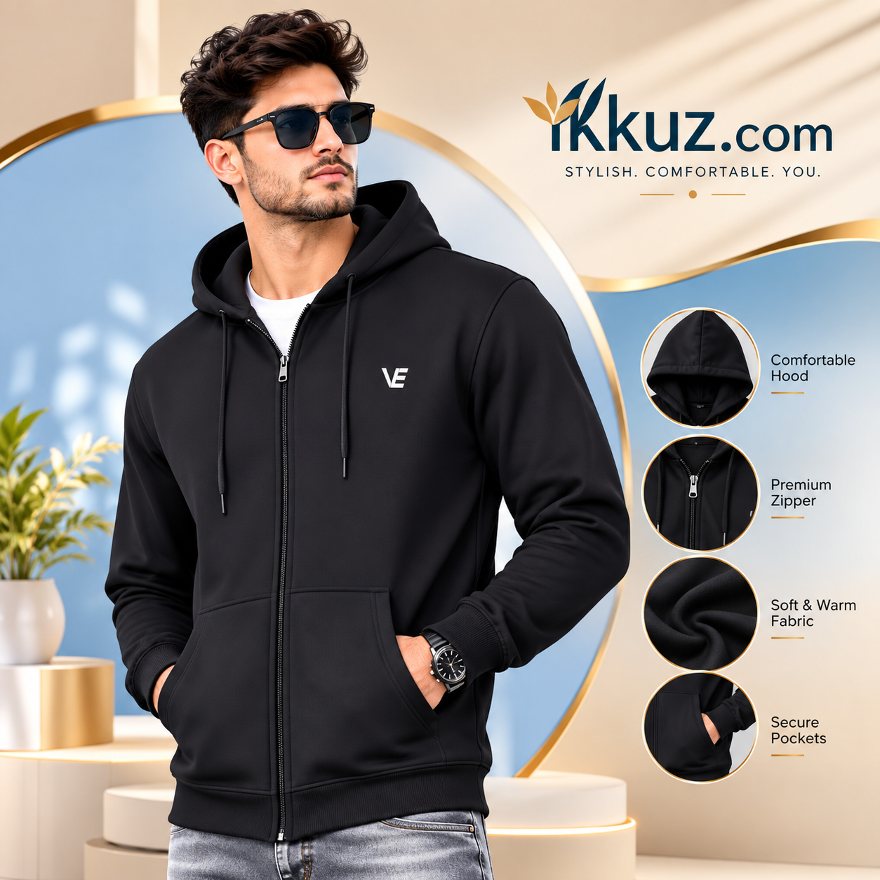 Men’s Premium 250 GSM Fleece Full-Zip Hoodie with Kangaroo Pocket