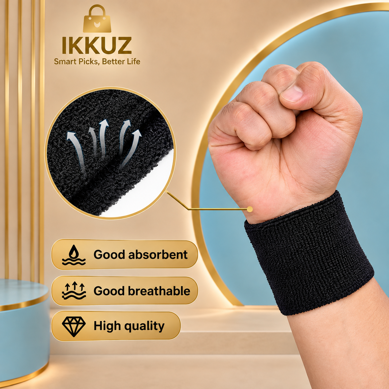 Men’s Athletic Sports Headband &amp; Wristbands Set | Sweat Absorbent Gym &amp; Workout Sweatband | Black Sportswear Set