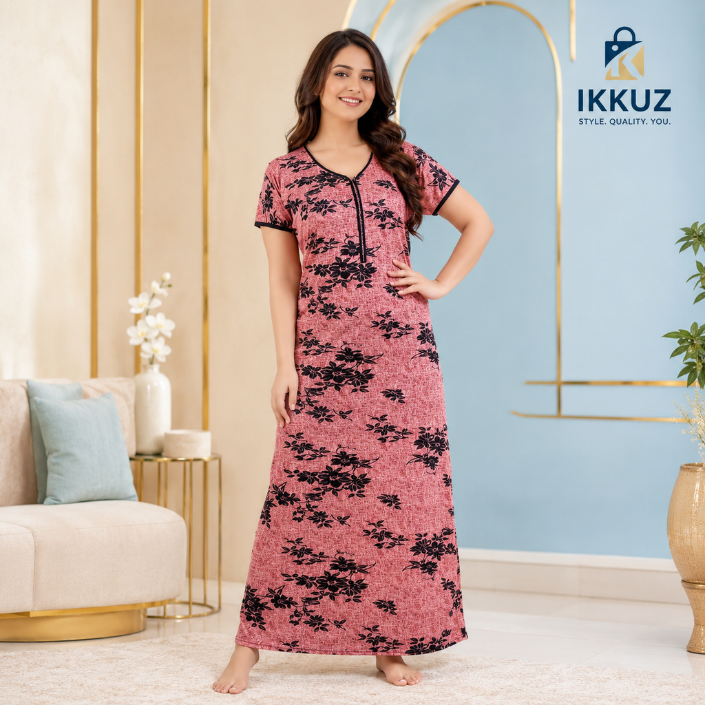 Women’s Floral Printed Maxi Nighty | Soft Polyester Long Nightdress | Short Sleeve Everyday Sleepwear