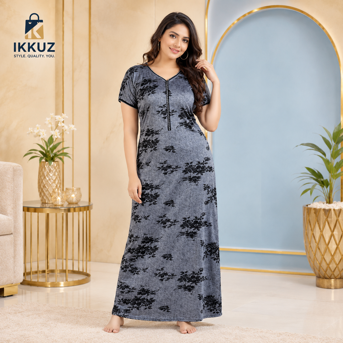 Women’s Floral Printed Maxi Nighty | Soft Polyester Long Nightdress | Short Sleeve Everyday Sleepwear