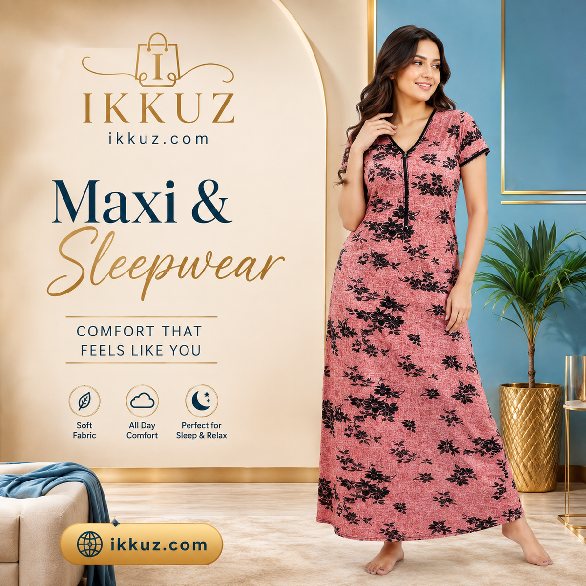 Women’s Floral Printed Maxi Nighty | Soft Polyester Long Nightdress | Short Sleeve Everyday Sleepwear