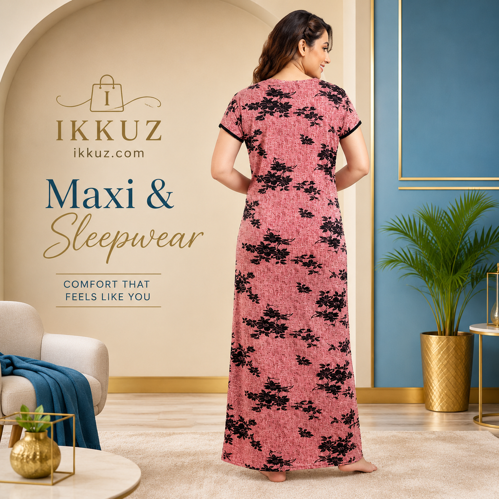 Women’s Floral Printed Maxi Nighty | Soft Polyester Long Nightdress | Short Sleeve Everyday Sleepwear