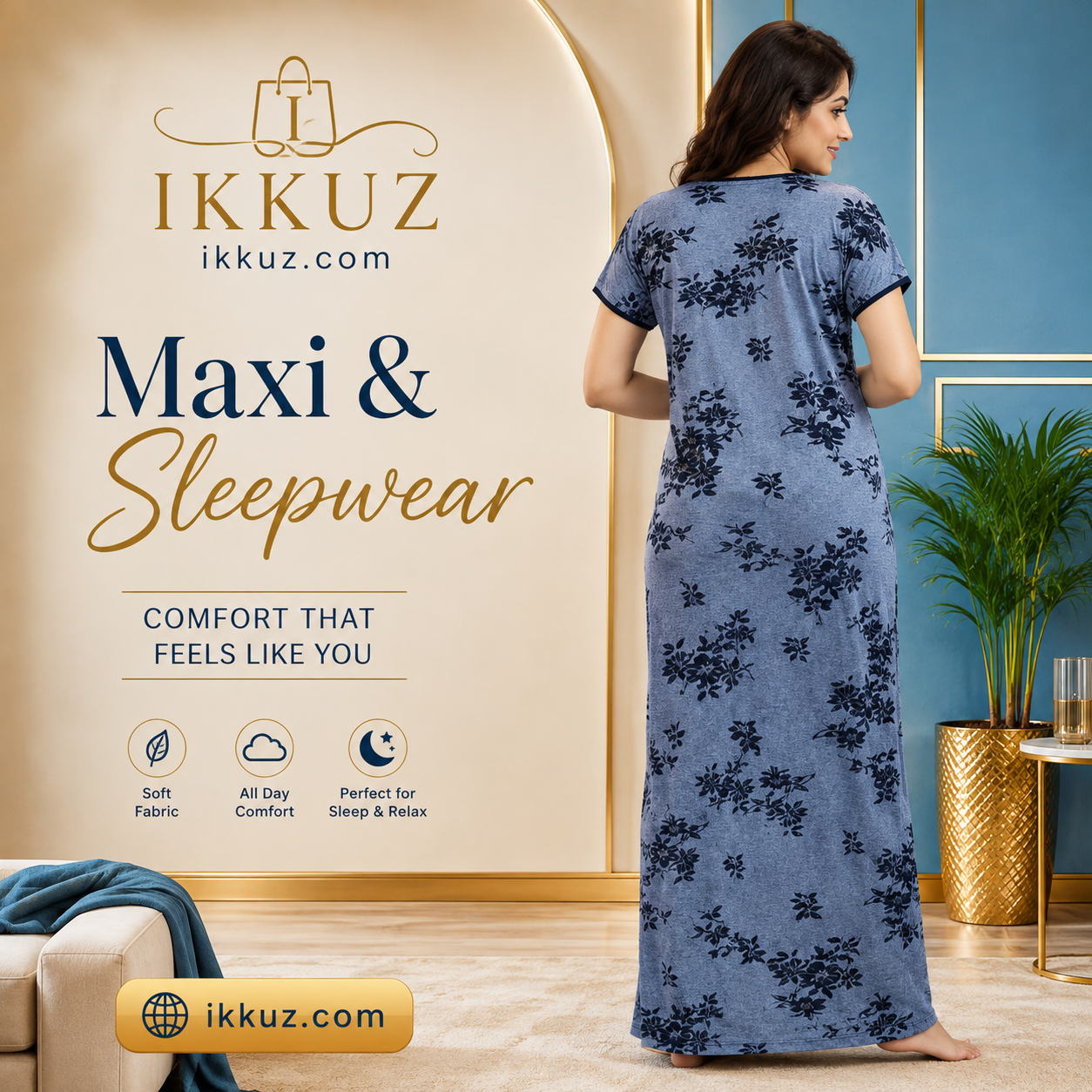Women’s Floral Printed Maxi Nighty | Soft Polyester Long Nightdress | Short Sleeve Everyday Sleepwear