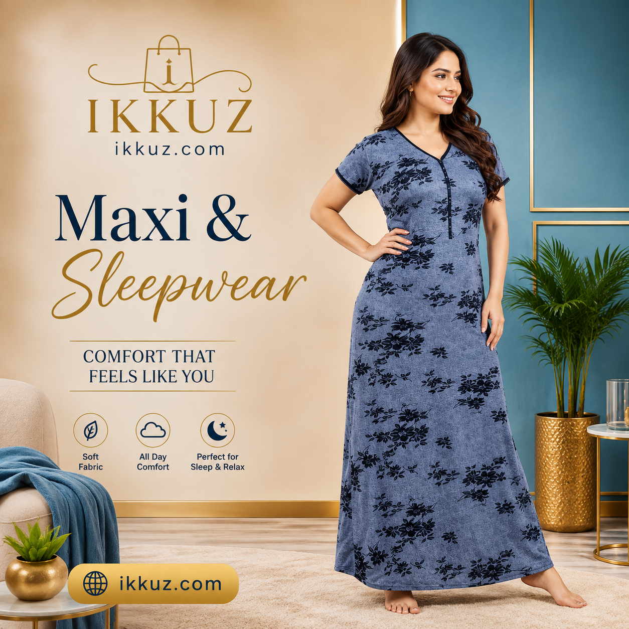 Women’s Floral Printed Maxi Nighty | Soft Polyester Long Nightdress | Short Sleeve Everyday Sleepwear