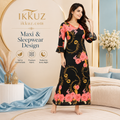 Women’s Floral Satin Maxi Nighty | Black &amp; Orange Printed Nightdress | Full Length Relaxed Fit Sleepwear