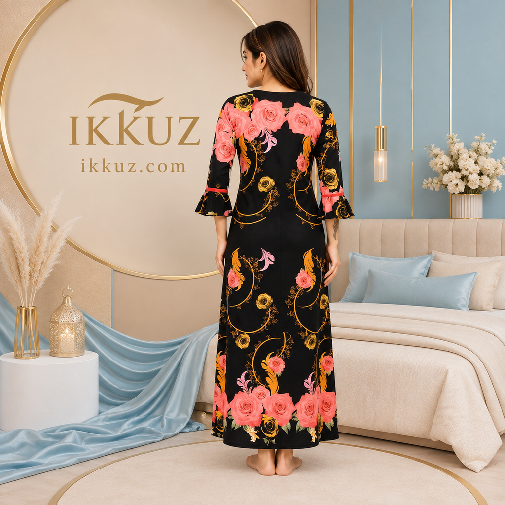Women’s Floral Satin Maxi Nighty | Black &amp; Orange Printed Nightdress | Full Length Relaxed Fit Sleepwear