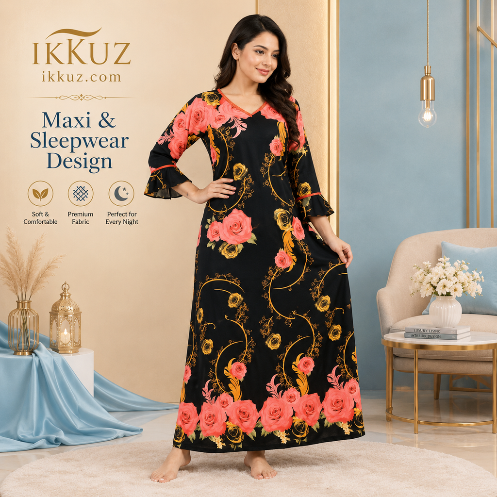 Women’s Floral Satin Maxi Nighty | Black &amp; Orange Printed Nightdress | Full Length Relaxed Fit Sleepwear