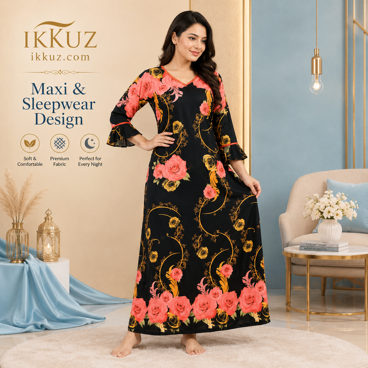 Women’s Floral Satin Maxi Nighty | Black &amp; Orange Printed Nightdress | Full Length Relaxed Fit Sleepwear