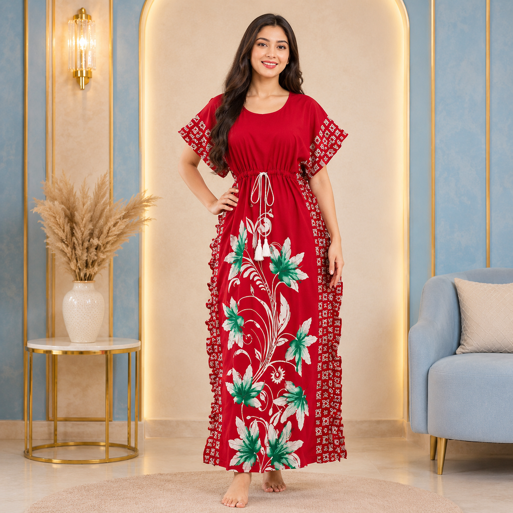 Women’s Red Floral Pure Cotton Kaftan Nighty – Soft Breathable Maxi Sleepwear with Adjustable Waist