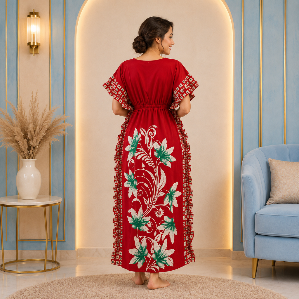 Women’s Red Floral Pure Cotton Kaftan Nighty – Soft Breathable Maxi Sleepwear with Adjustable Waist