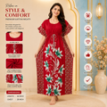 Women’s Red Floral Pure Cotton Kaftan Nighty – Soft Breathable Maxi Sleepwear with Adjustable Waist