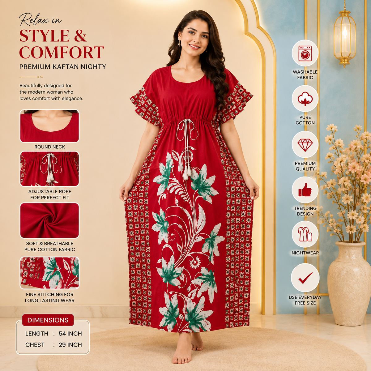 Women’s Red Floral Pure Cotton Kaftan Nighty – Soft Breathable Maxi Sleepwear with Adjustable Waist