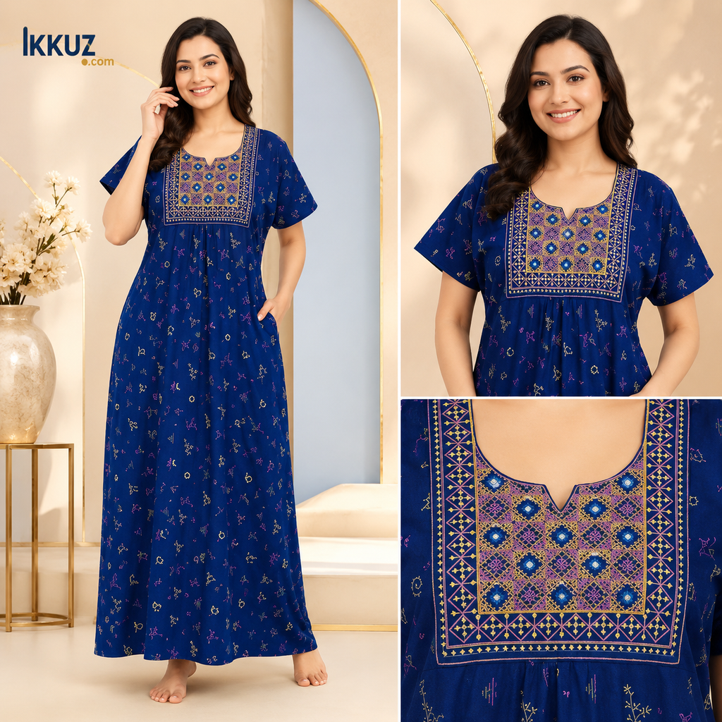 Premium Cotton Embroidered Printed Maxi Nighty – Soft &amp; Comfortable Sleepwear