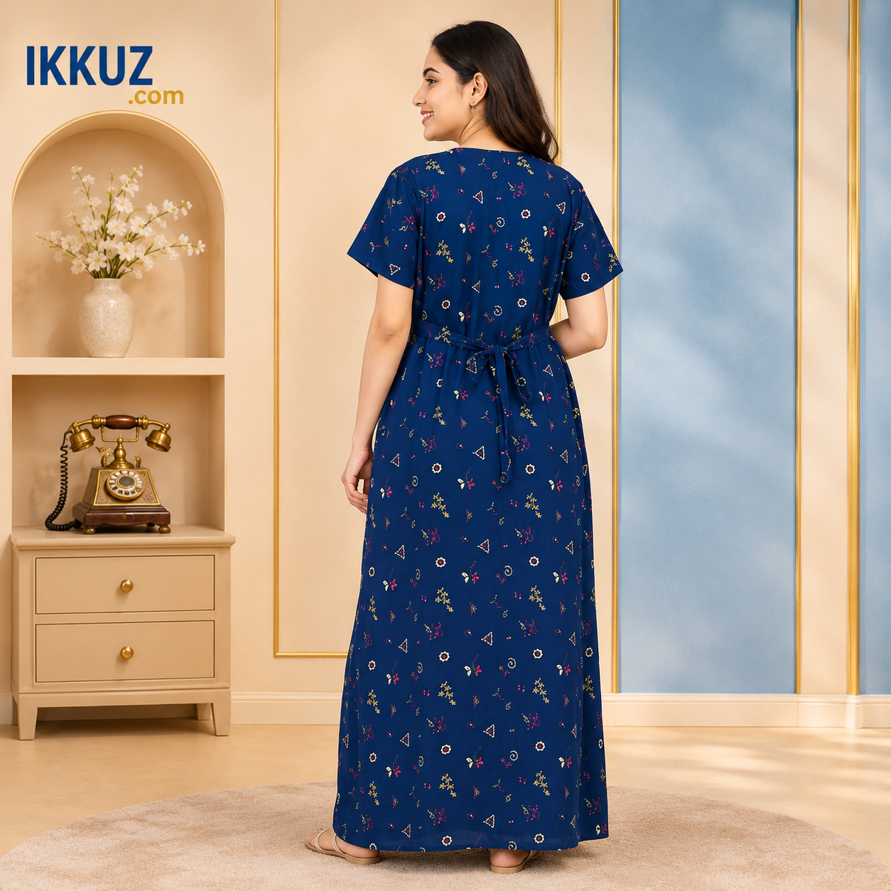 Premium Cotton Embroidered Printed Maxi Nighty – Soft &amp; Comfortable Sleepwear