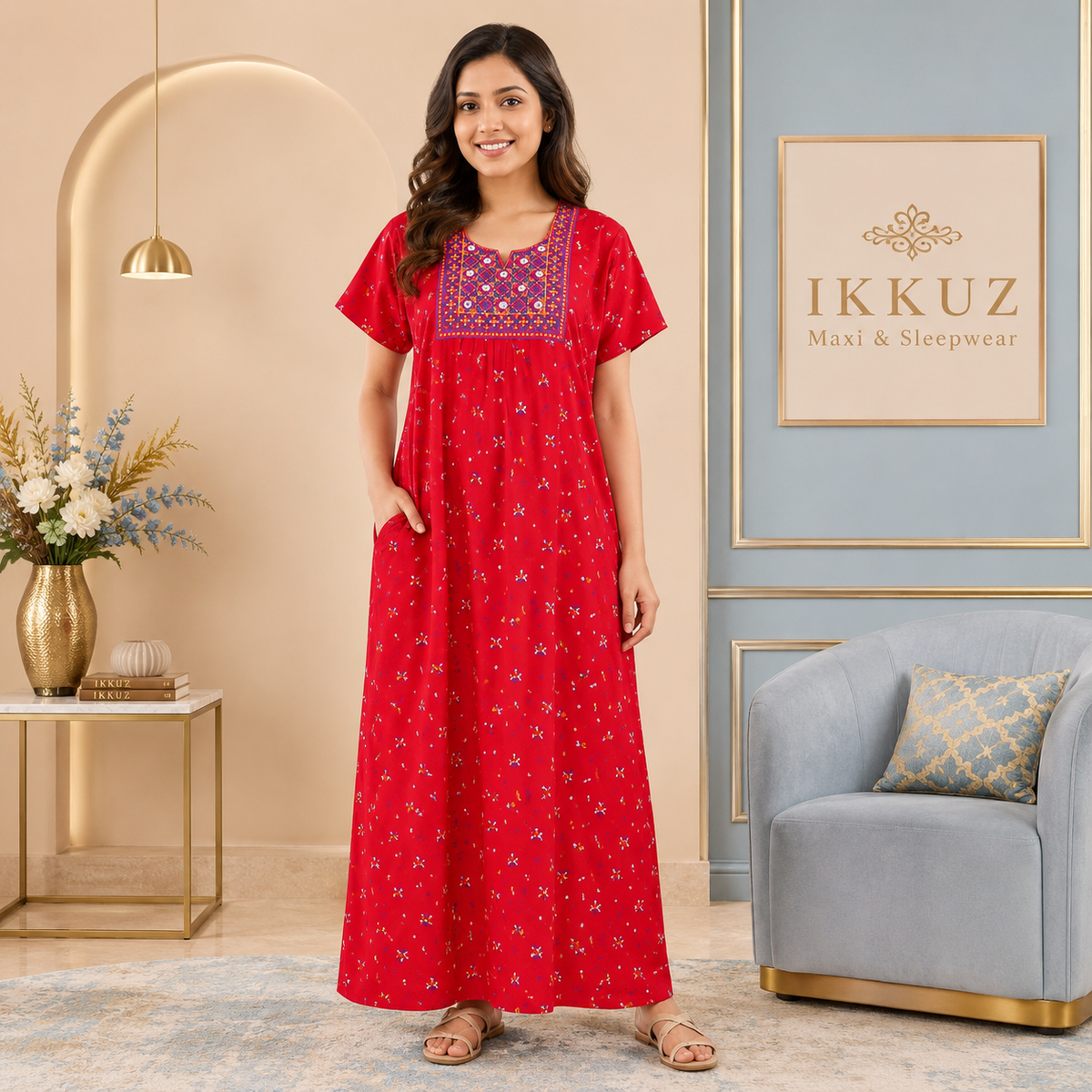 Premium Cotton Embroidered Printed Maxi Nighty – Soft &amp; Comfortable Sleepwear