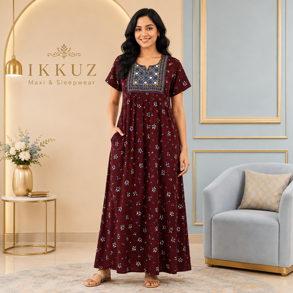 Premium Cotton Embroidered Printed Maxi Nighty – Soft &amp; Comfortable Sleepwear