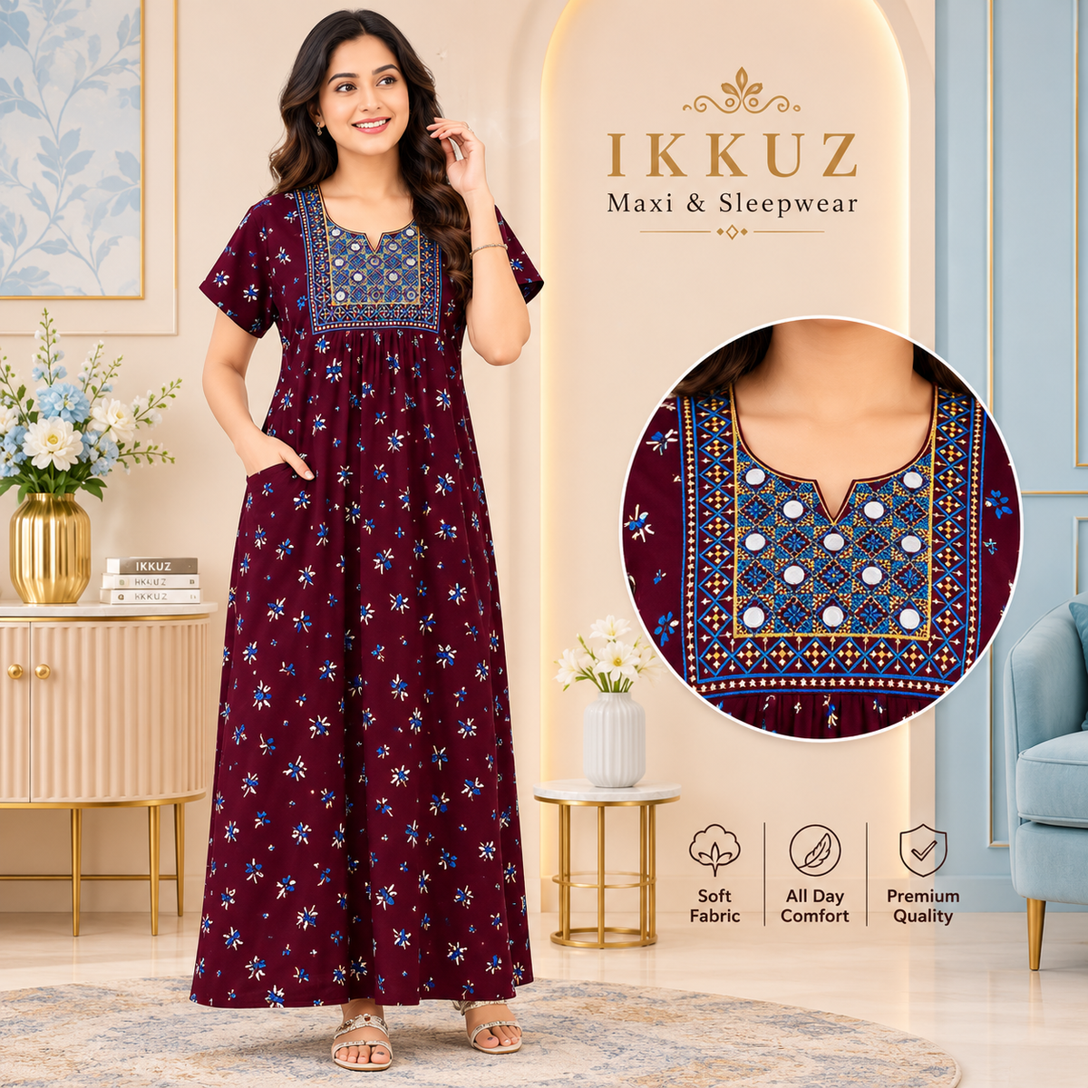 Premium Cotton Embroidered Printed Maxi Nighty – Soft &amp; Comfortable Sleepwear