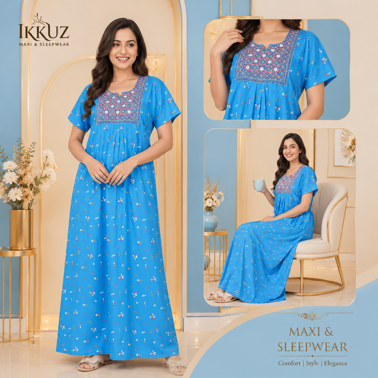 Premium Cotton Embroidered Printed Maxi Nighty – Soft &amp; Comfortable Sleepwear