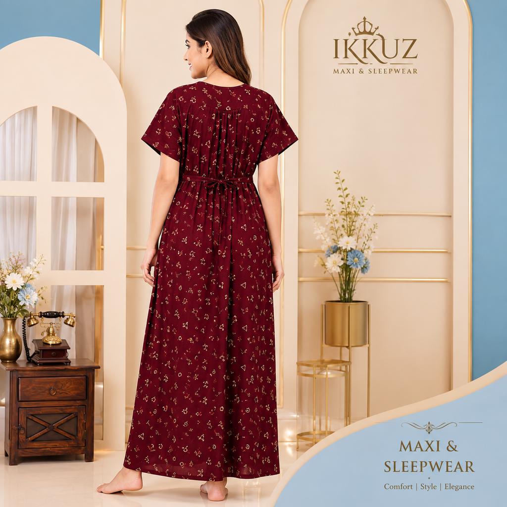 Premium Cotton Embroidered Printed Maxi Nighty – Soft &amp; Comfortable Sleepwear
