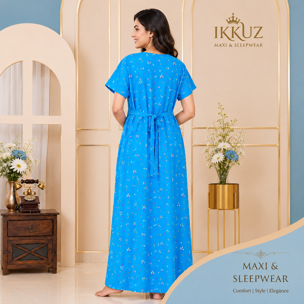 Premium Cotton Embroidered Printed Maxi Nighty – Soft &amp; Comfortable Sleepwear