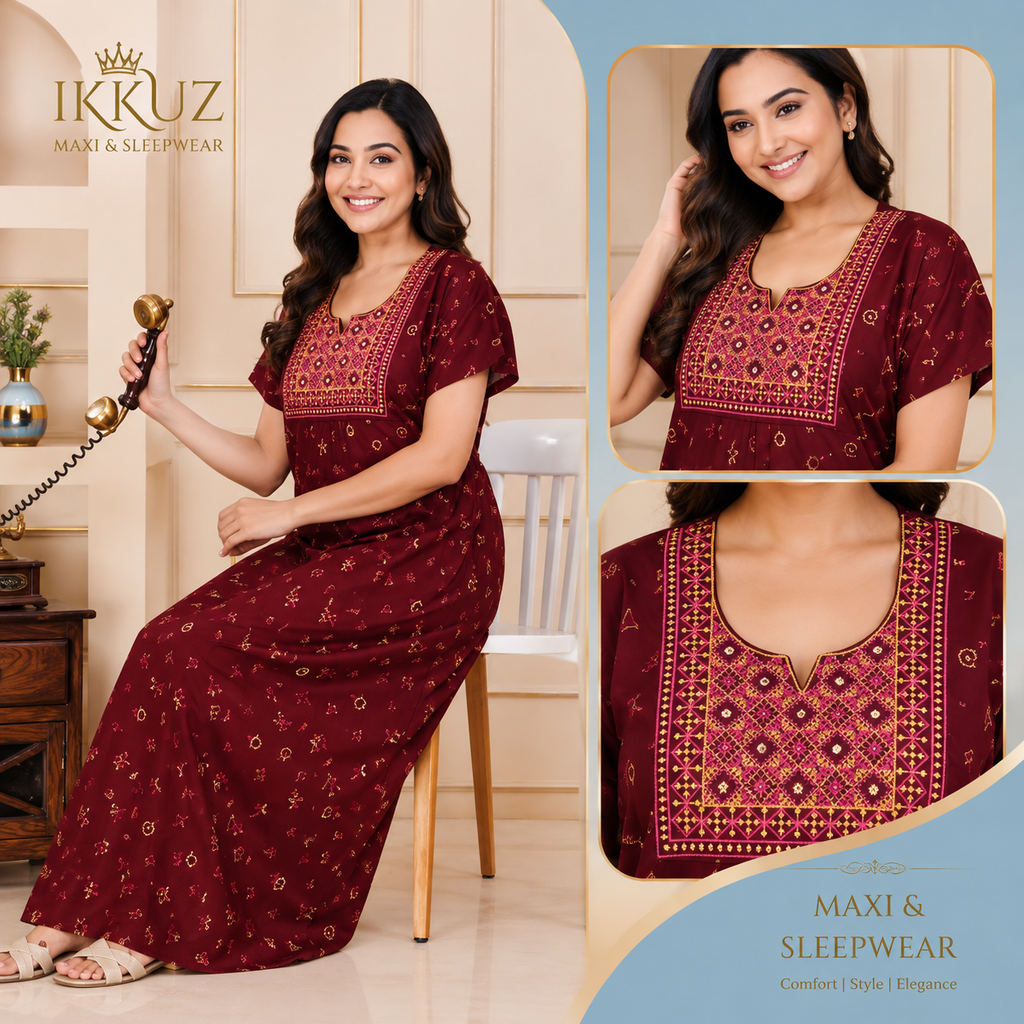 Premium Cotton Embroidered Printed Maxi Nighty – Soft &amp; Comfortable Sleepwear
