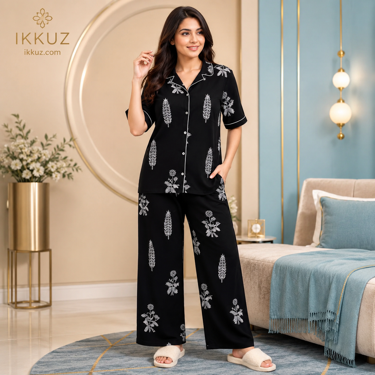 Women Printed Cotton Blend Night Suit Set