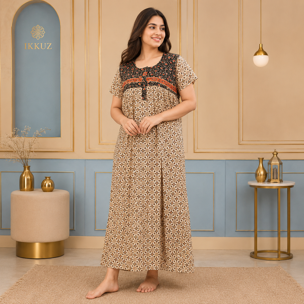 Women’s Premium 100% Pure Cotton Sanganeri Floral Printed Zipper Night Maxi | Comfortable Full-Length Night Gown