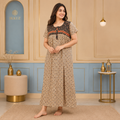Women’s Premium 100% Pure Cotton Sanganeri Floral Printed Zipper Night Maxi | Comfortable Full-Length Night Gown