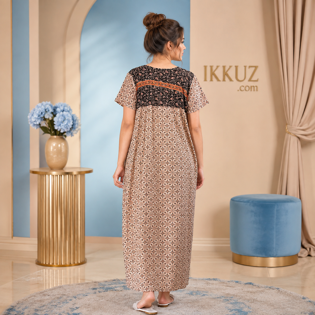 Women’s Premium 100% Pure Cotton Sanganeri Floral Printed Zipper Night Maxi | Comfortable Full-Length Night Gown