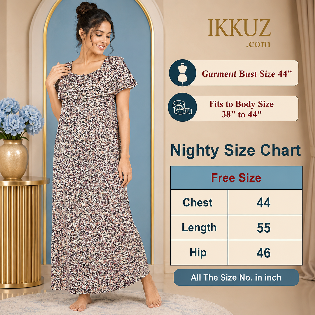 Women’s Premium 100% Pure Cotton Sanganeri Floral Printed Zipper Night Maxi | Comfortable Full-Length Night Gown