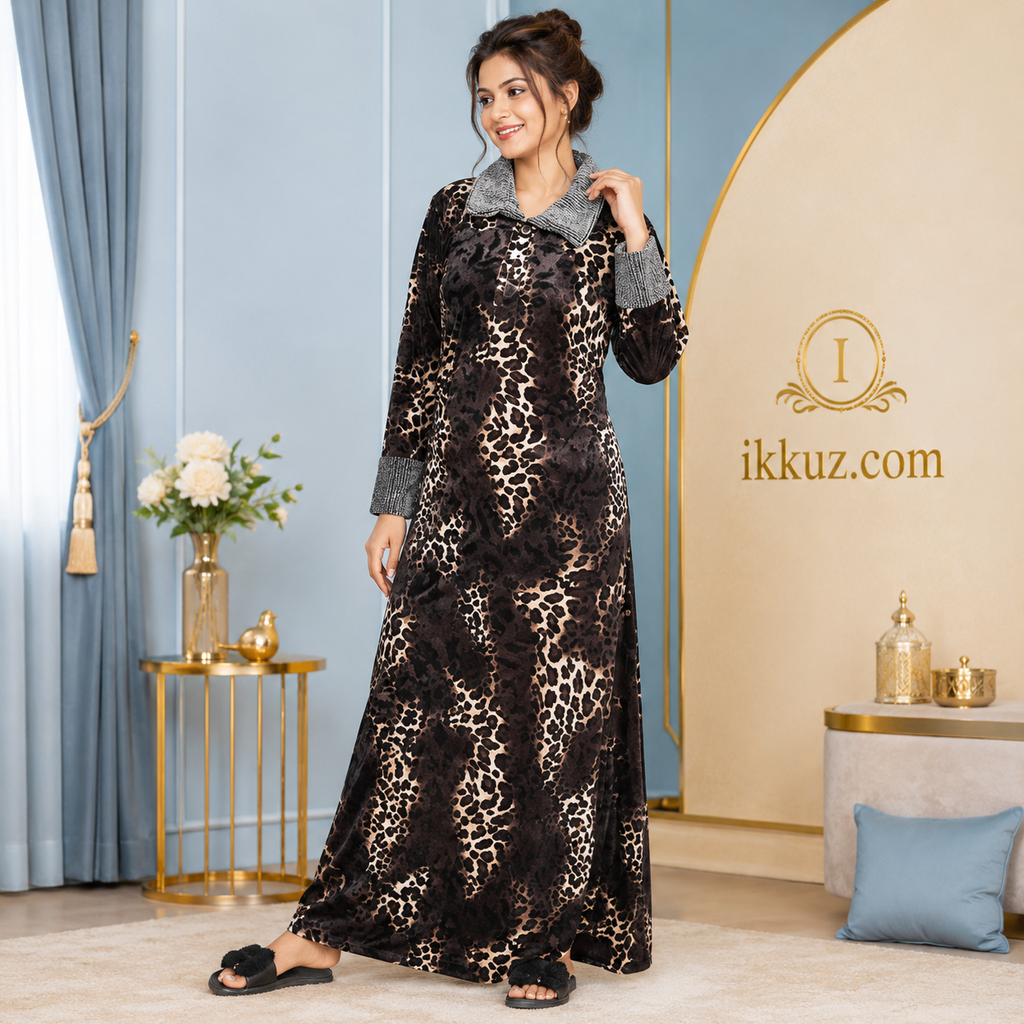 ENDRILLA Women’s Animal Print Velvet Nighty Maxi with Robe – Full Sleeve Winter Sleepwear
