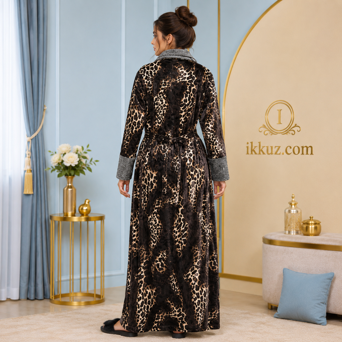 ENDRILLA Women’s Animal Print Velvet Nighty Maxi with Robe – Full Sleeve Winter Sleepwear