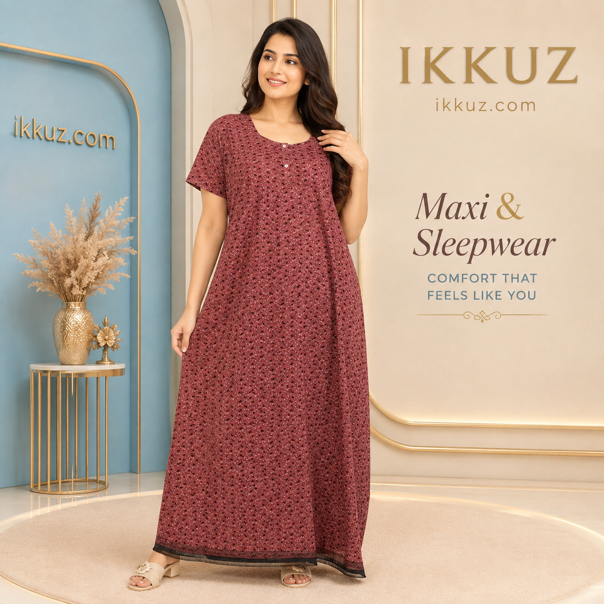 Women’s Premium Cotton Printed Nighty – Comfortable Short Sleeve Nightwear