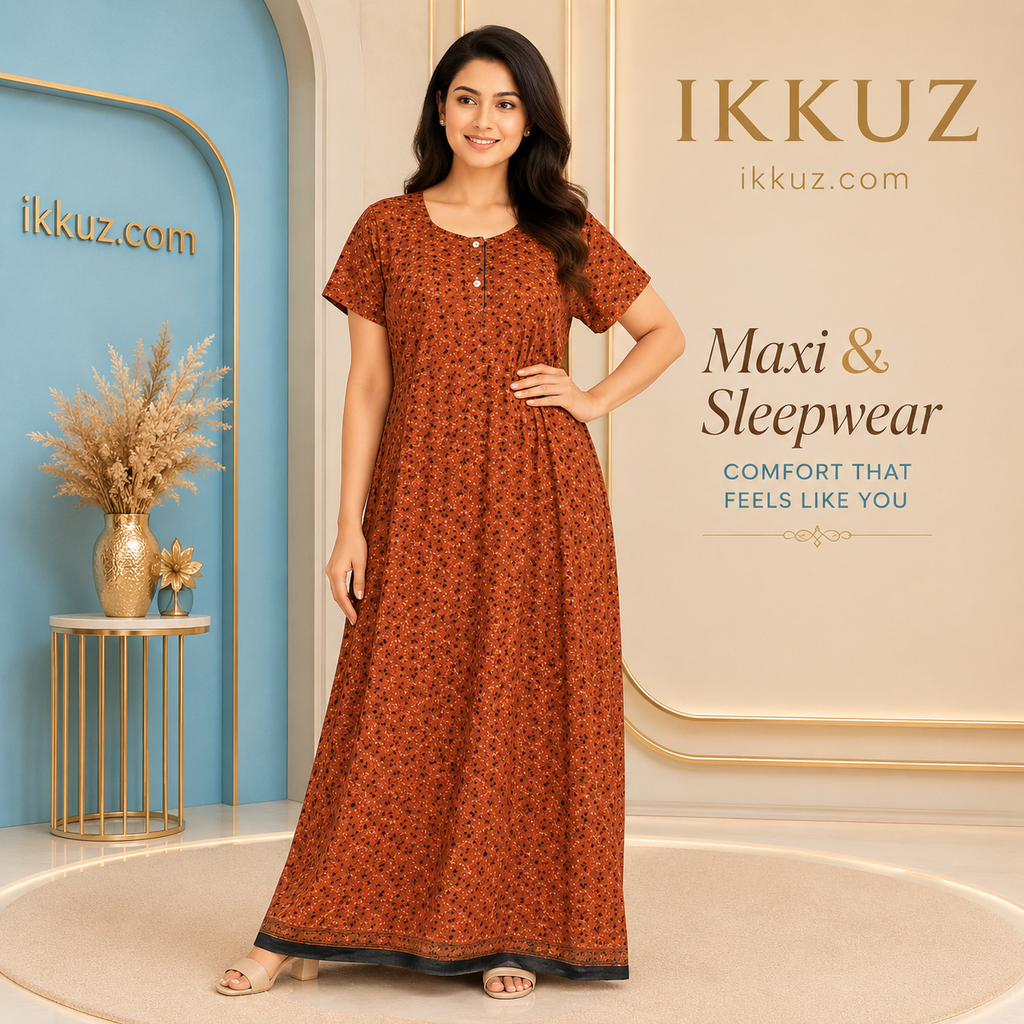 Women’s Premium Cotton Printed Nighty – Comfortable Short Sleeve Nightwear