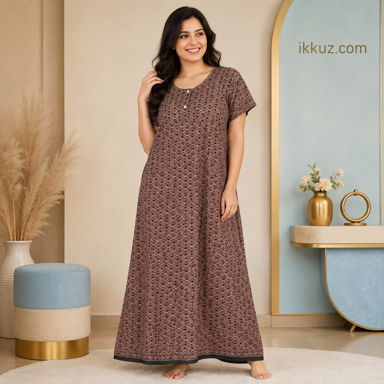 Women’s Premium Cotton Printed Nighty – Comfortable Short Sleeve Nightwear