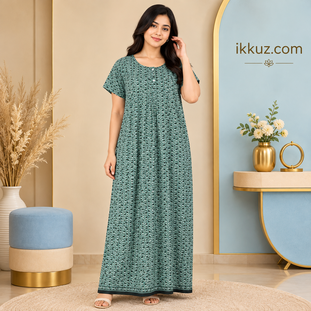Women’s Premium Cotton Printed Nighty – Comfortable Short Sleeve Nightwear