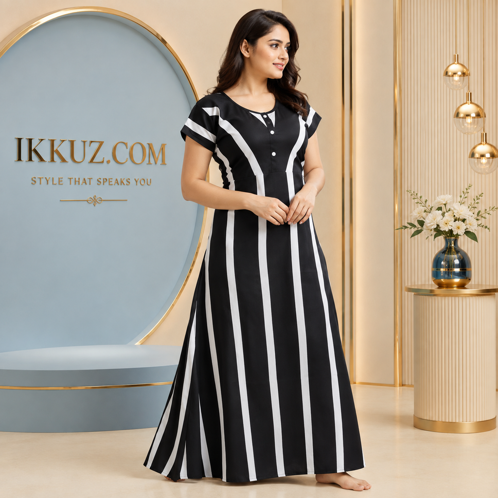 Women’s Striped Cotton Blend Maxi Nighty – Comfortable Long Nightdress