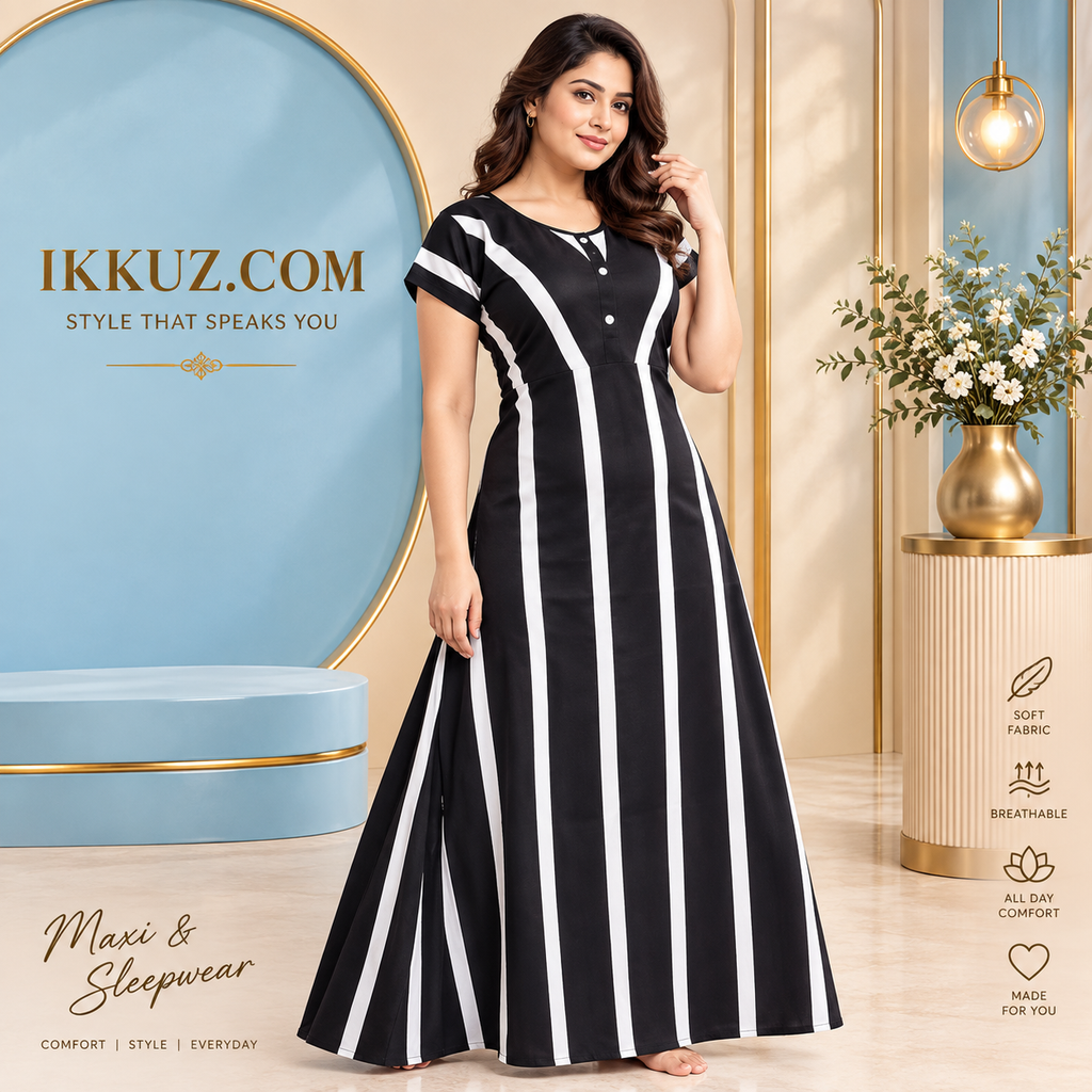 Women’s Striped Cotton Blend Maxi Nighty – Comfortable Long Nightdress