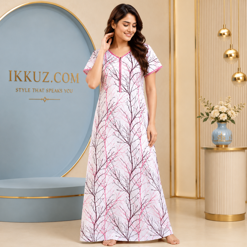 Women’s Printed Cotton Maxi Nightdress | Stylish Short Sleeve Nighty | Comfortable Nightwear