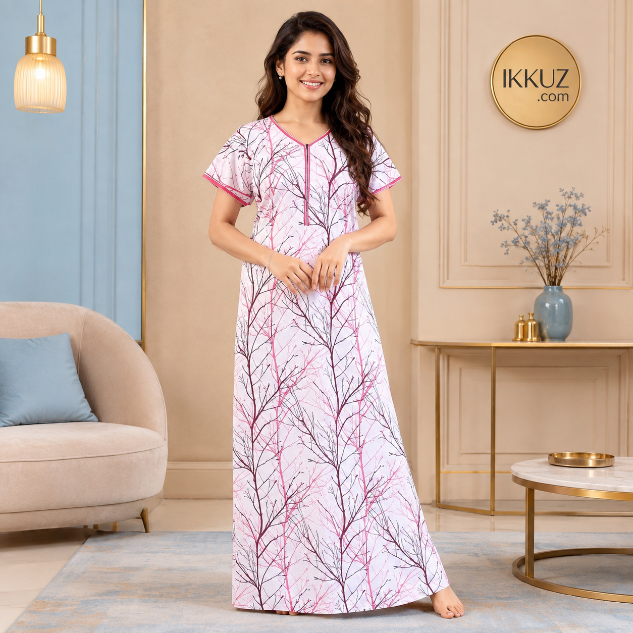 Women’s Printed Cotton Maxi Nightdress | Stylish Short Sleeve Nighty | Comfortable Nightwear