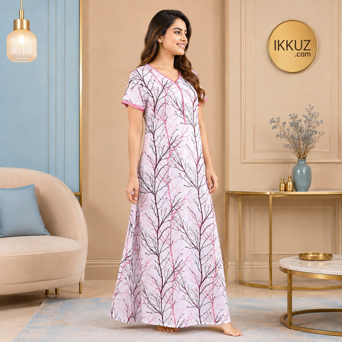 Women’s Printed Cotton Maxi Nightdress | Stylish Short Sleeve Nighty | Comfortable Nightwear