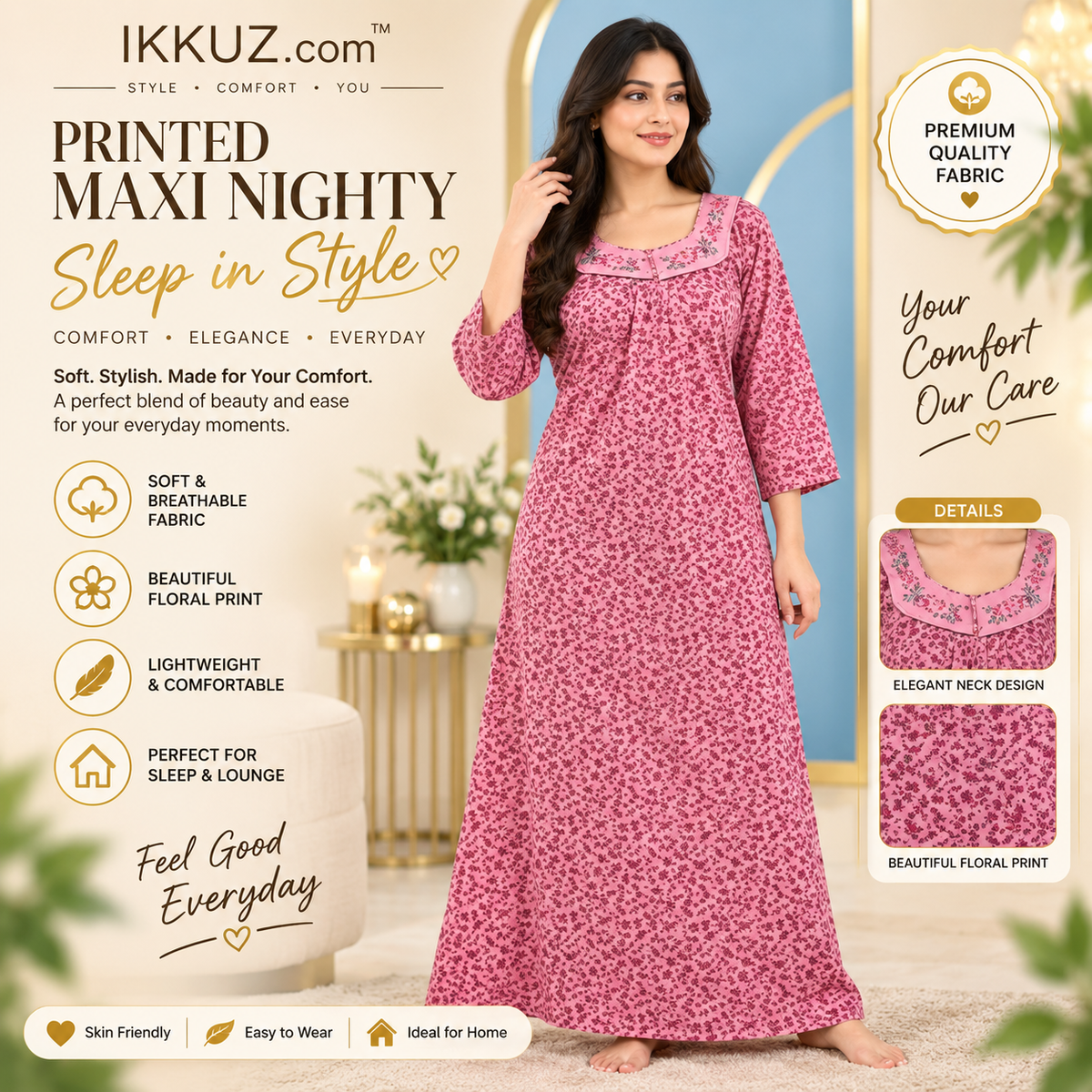 Women's Floral Cotton Blend Maxi Nightdress – Soft Breathable Maternity Sleepwear with Front Zip &amp; Embroidered Neck Design