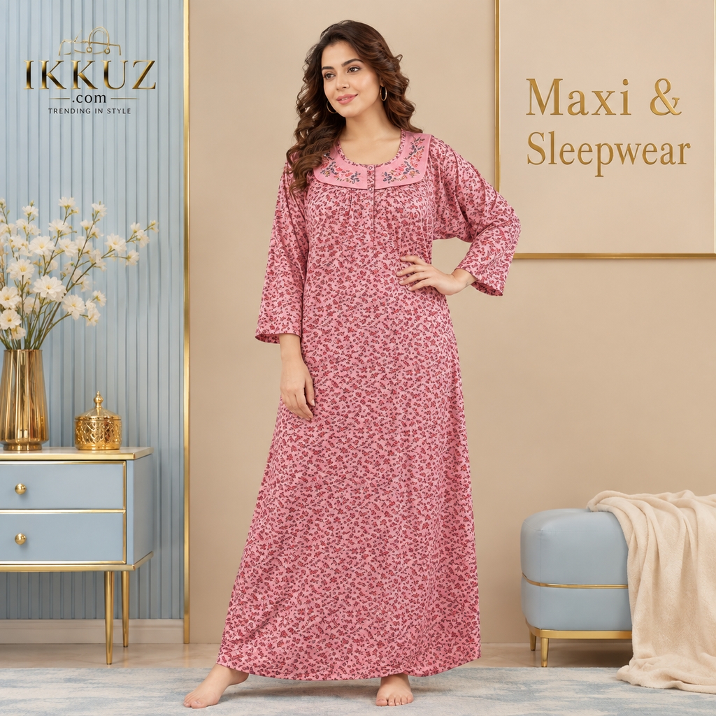 Women's Floral Cotton Blend Maxi Nightdress – Soft Breathable Maternity Sleepwear with Front Zip &amp; Embroidered Neck Design