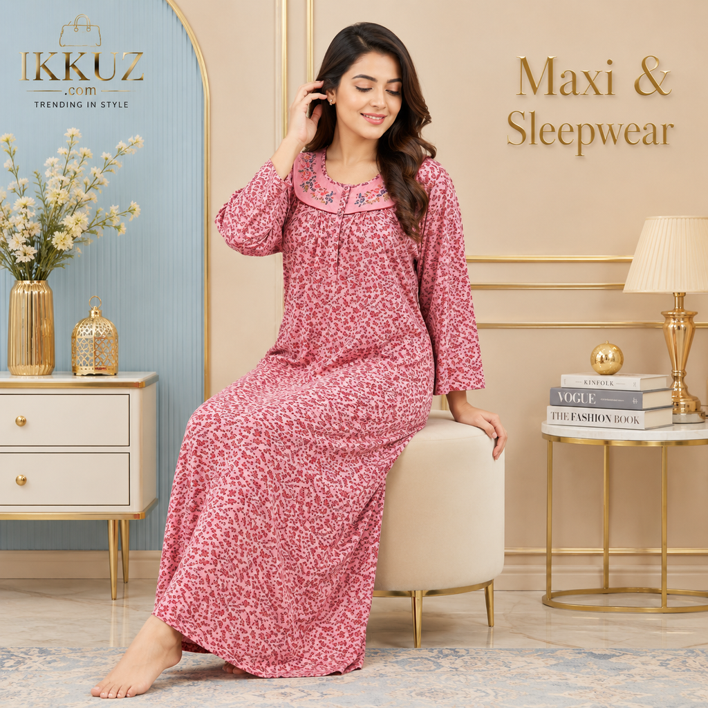 Women's Floral Cotton Blend Maxi Nightdress – Soft Breathable Maternity Sleepwear with Front Zip &amp; Embroidered Neck Design