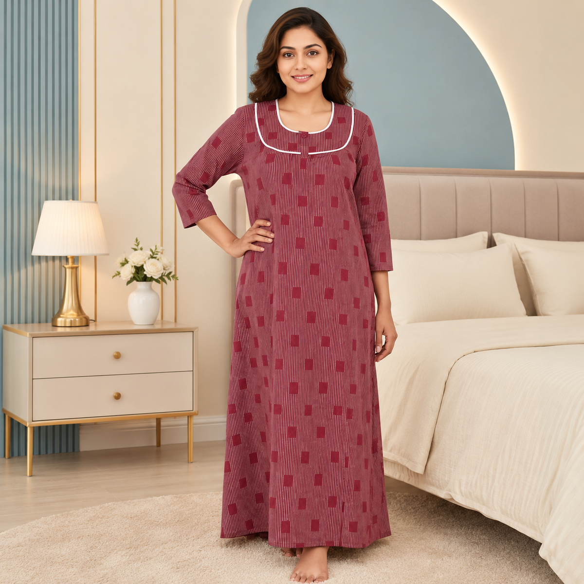 Premium Winter Cotswool Nighty for Women | Warm Full-Length Maxi Night Dress | Soft Floral Printed Sleepwear