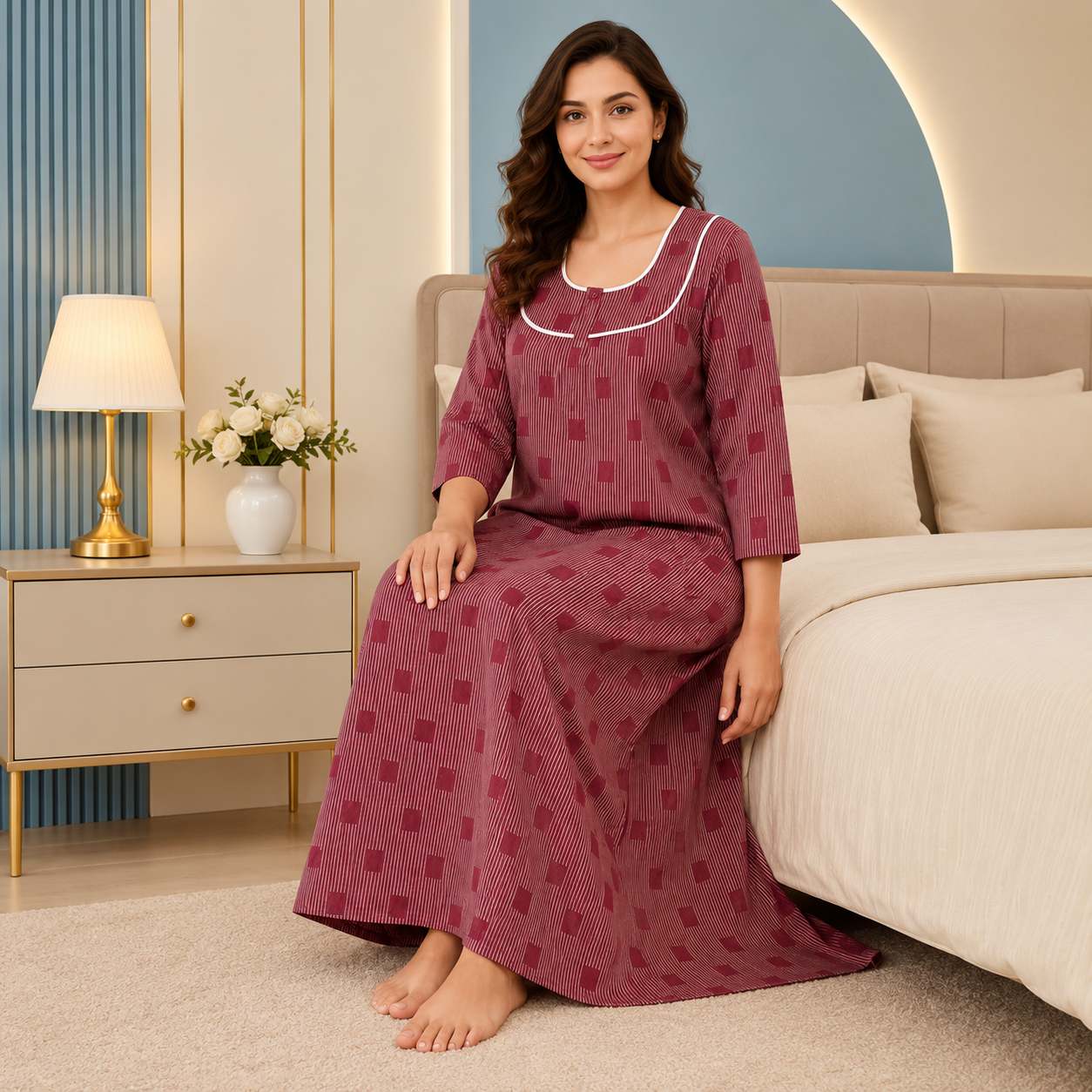 Premium Winter Cotswool Nighty for Women | Warm Full-Length Maxi Night Dress | Soft Floral Printed Sleepwear